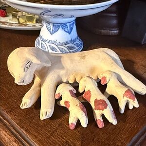 Handcrafted Cream and Red Ceramic Dog Sculpture